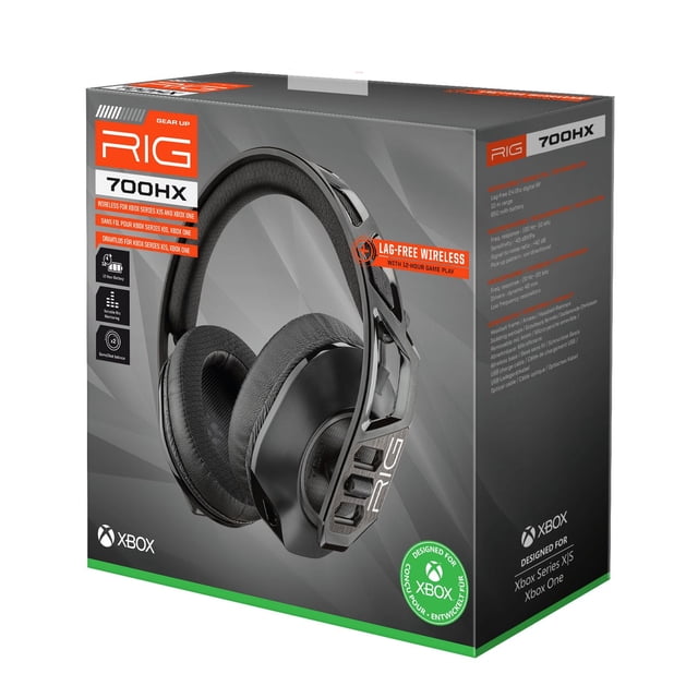 RIG 700HX Ultralight wireless gaming headset for Xbox Series X|S and Xbox One on retail box, featuring black fabric noise-isolating earcups, adjustable durable headband, on-ear volume and game/chat balance controls, lag-free wireless with 12-hour battery life, and Dolby Atmos 3D sound.