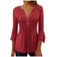 thumbnail image 1 of Timegard Hauts d'Été pour Femmes Plissés Col en V Évasé Manches 3/4 T-Shirts Confortables Tunique Décontractée Habillée, 1 of 5