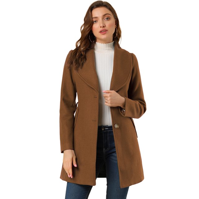 INSPIRE CHIC Manteau Caban Long à Simple Boutonnage pour Femme, Mignon, Col Rabattu, Ceinturé, Brun, TG