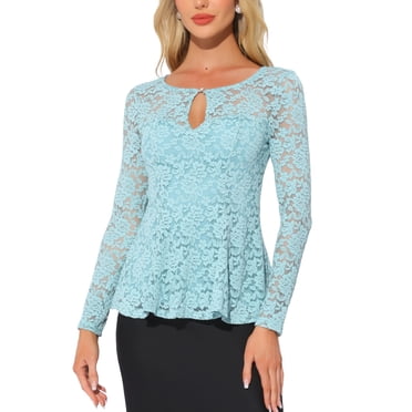 INSPIRE CHIC Haut d'Halloween pour Femme en Dentelle avec Goutte d'Eau à l'Avant, Ourlet Péplum, Blouse Transparente à Manches Longues, m Gris Bleu