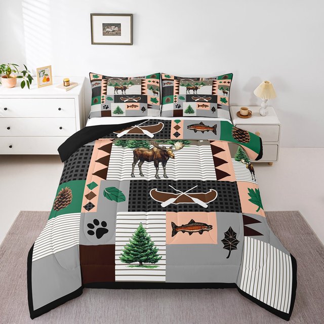 Moose Lodge Comforter Set Queen Size 3 Pcs,Rustic Famhouse Boat Bass Fish Adventure Bedding Set,Retro Brown Gray Black Plaids Stripes Patchwork Quilt Set for Young Adults,2 Pillowcases