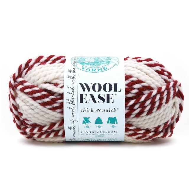 Lion Brand Yarn 640-607 Wool-Ease Thick and Quick Red Beacon super bulky wool blend yarn skein with twisted red and white strands, wrapped in a white label with brand and care icons, suitable for warm sweaters, hats, and quick knitting projects.