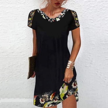 YUNAFFT Womens Dresses Clearance Women's Fashion Comfortable Casual Ethnic Short Sleeve Round Neck Print Dress Sale