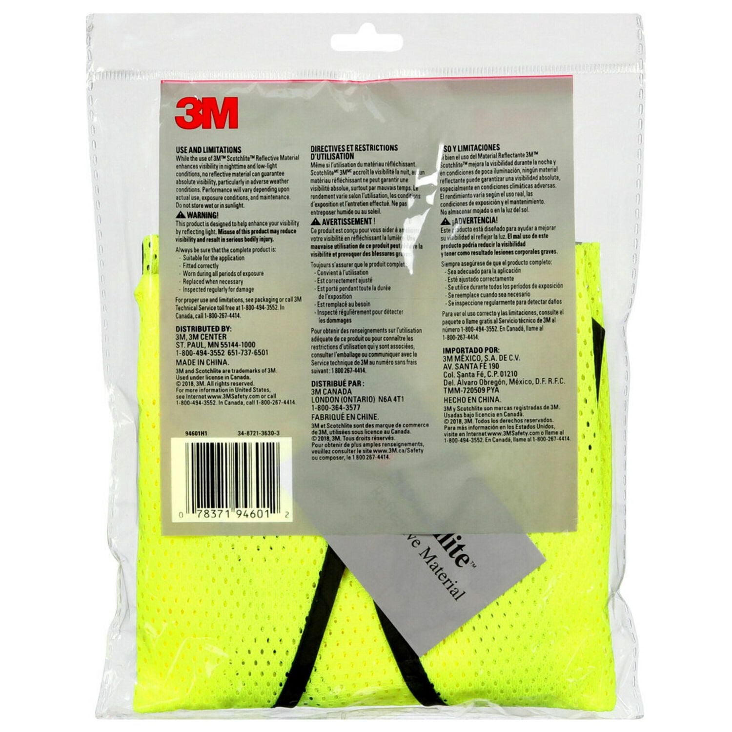 3M™ Scotchlite™ Reflective Material Safety Vest 94601H1-DC-CA, Day & Night, Yellow, L/XL, 1/Pack