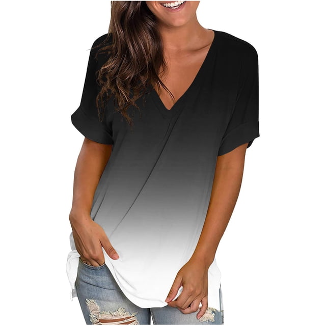 HWRETIE T-Shirt Dégradé pour Femmes à Manches Courtes, Col Rond, Coupe Ample, Haut Décontracté, Blouse d'Été