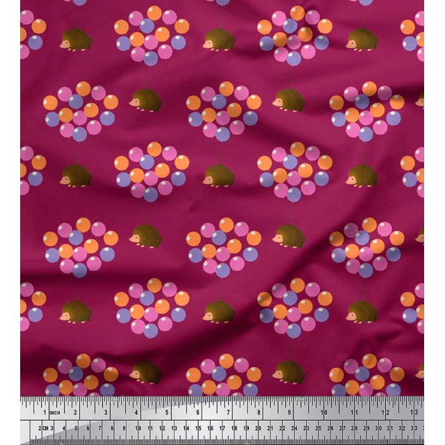 Soimoi Poly Georgette Fabric Balloon & Hedgehog Kids Print Fabric by Yard 52 Inch Wide