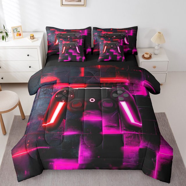 YST Girls Gamer Comforter Set, Modern Neon Grid Bedding Set, 7-Piece, King, Gaming Video Game Theme