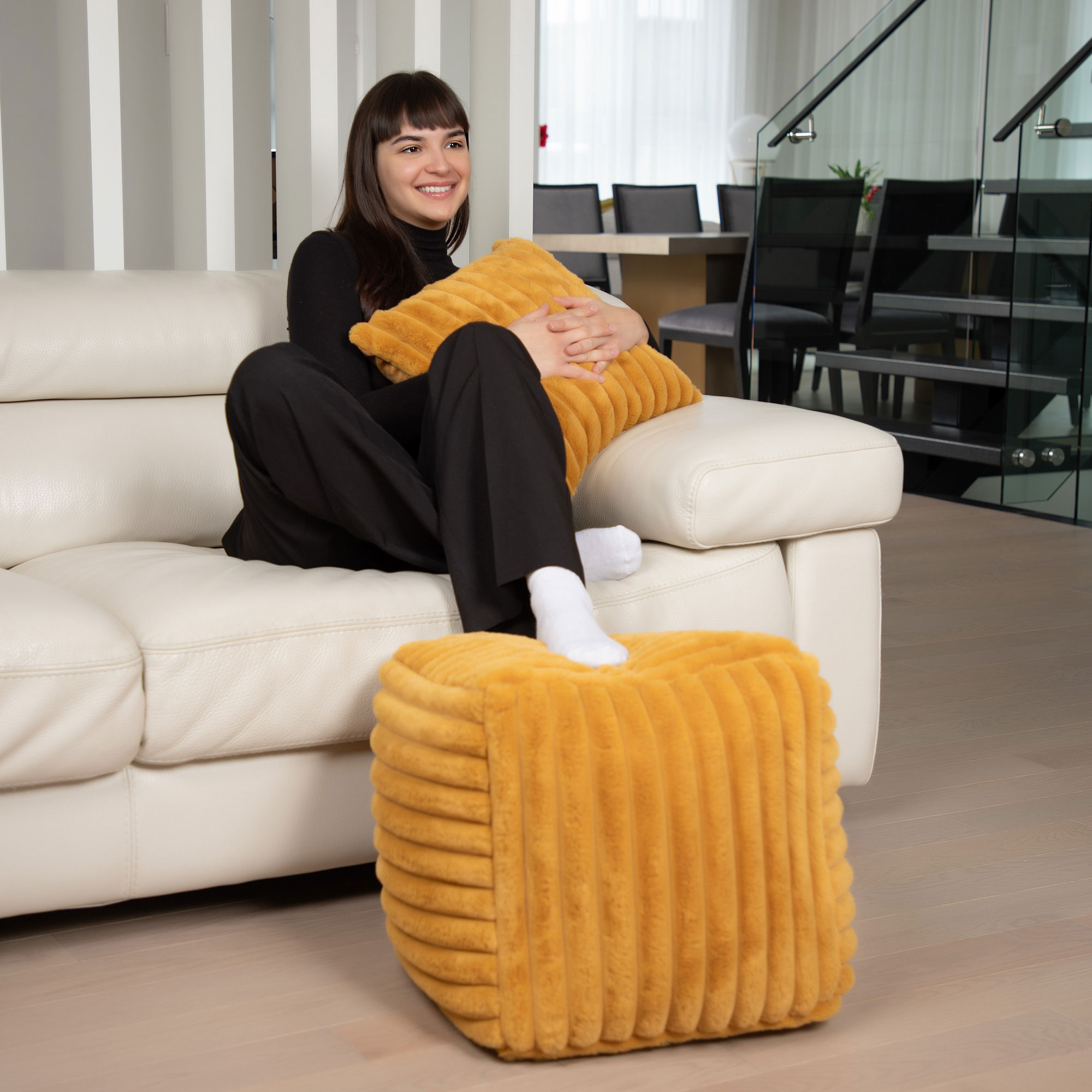 Gouchee Home Raya Cube Pouf Ottoman or Footrest, Mustard, 16" x 16" x 16", Faux Fur Cover, Polystyrene Bead Filling