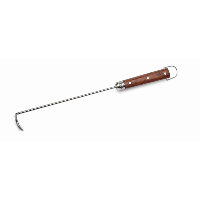 Pit Boss Meat Hook with Rosewood Handle featuring a stainless steel shaft with a curved hook for flipping and turning meat, polished rosewood handle with three rivets, metal loop for hanging, and Pit Boss logo on the metal collar, ideal for grilling and smoking ribs, chicken, and vegetables.