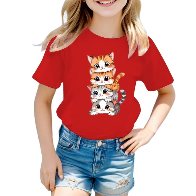 LUOGENLI T-Shirt pour Filles Enfant Filles Mignon Graphique Col Rond Manches Courtes Tee Été Décontracté T-Shirt Maxi Hauts avec Fente Ensemble Rouge 5-6 Ans