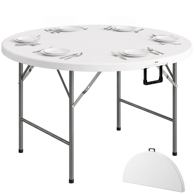 Outsunny Table de Patio Pliant Extérieur HDPE Table de Pique-Nique Ronde pour 6, Blanc