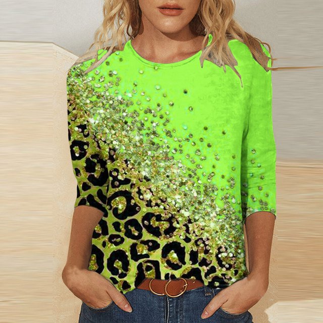 Hauts pour Femmes T-shirt Ample Imprimé de Mode pour Femmes Blouse à Manches 3/4 Col Rond Hauts Décontractés Hauts pour Femmes Manches 3/4 en Liquidation