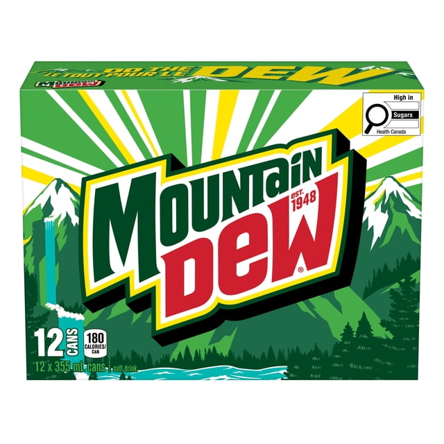 MTN Dew Soft Drink, 355 mL Cans, 12 Pack with a green box featuring the Mountain Dew logo in red and white, surrounded by mountain and forest graphics with yellow and white sunburst rays, labeled with 180 calories per can and Health Canada high sugar warning, ideal for bulk soft drink purchase and sharing.