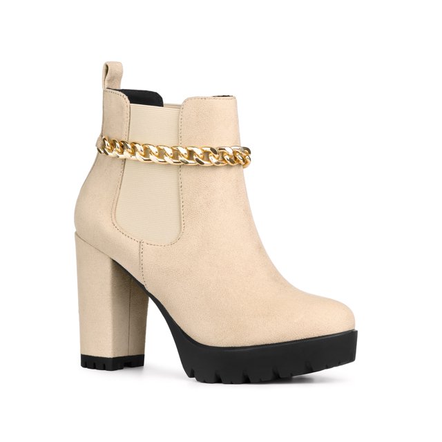 BLISSFUL STEP Women's Platform Chain Block High Heel Ankle Boots Nude 8