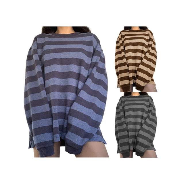 Chandail à Rayures pour Femmes, Coupe Ample, Col Rond, Manches Longues, Chandail Boyfriend, T-Shirt Esthétique Grunge