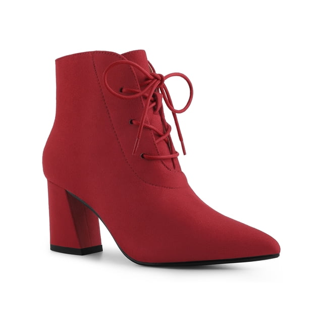 Unique Bargains Bottines à Talon Bloc à Bout Pointu à Lacets pour Femmes Rouge (Taille 9)