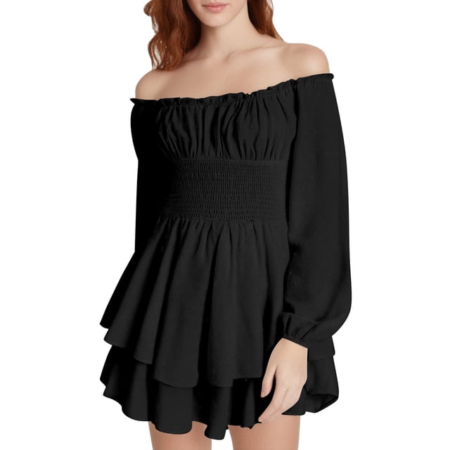 Rinsvye Robe d'Été pour Femmes Robe Décontractée Jupe-Culotte en Mousseline à Volants Superposés Robes d'Automne pour Femmes Décontractées Col Rond Épaules Dénudées Robe Trapèze Courte Robe Fluide en Coton