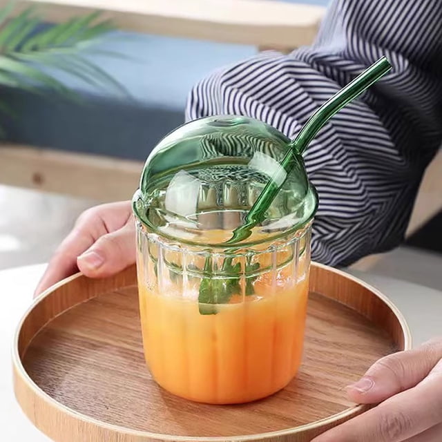 TIMIFIS Glass Cup Cute Drinking Glasses with Glass Dome Lid and Straw, Reusable Wide Mouth Milkshakes Cups 15oz Glass Coffee Iced Cup for Home Office Bar Kitchen Appliances