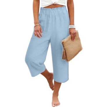 HongQid Women's Linen Blend Wide Leg Capris, Lightweight Breathable Elastic Waist Cropped Pants, Casual Loose-Fit Trousers for Summer Daily Wear, Vacation & Beach