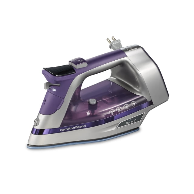 Hamilton Beach Durathon Digital Iron with Retractable Cord 19971C shown in a 3/4 profile with purple and silver body, translucent water reservoir, digital fabric settings dial, and push-button retractable cord. It has a Durathon nonstick soleplate for smooth gliding and enhanced steam output to remove wrinkles quickly, plus 3-way automatic shutoff for safety.