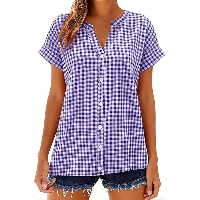 LVHAOGJOB Womens Cotton Linen Shirts Button Down Summer Tops V Neck Short Sleeve Plus Size Solid Color Pullover Blouse for Ladies