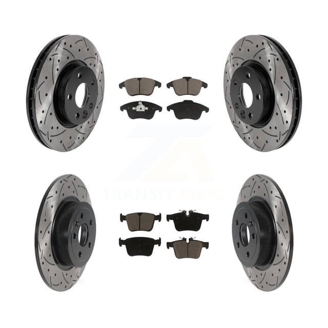 Transit Auto Front Rear Coated Drilled Slotted Disc Brake Rotors and Ceramic Pads Kit for Car 2016-2019 Land Rover Range Evoque with 300mm Diameter Rotor KDC-101294