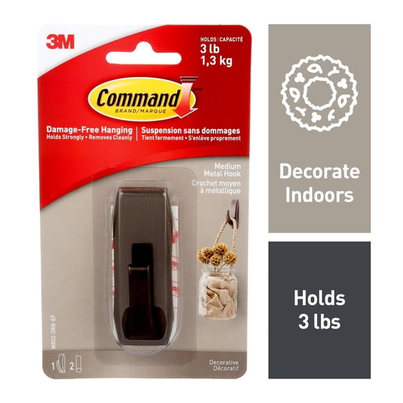 Command™ Modern Reflections Metal Hook, MR02-ORB-EF, oil rubbed bronze, medium, 1 hook, 2 strips