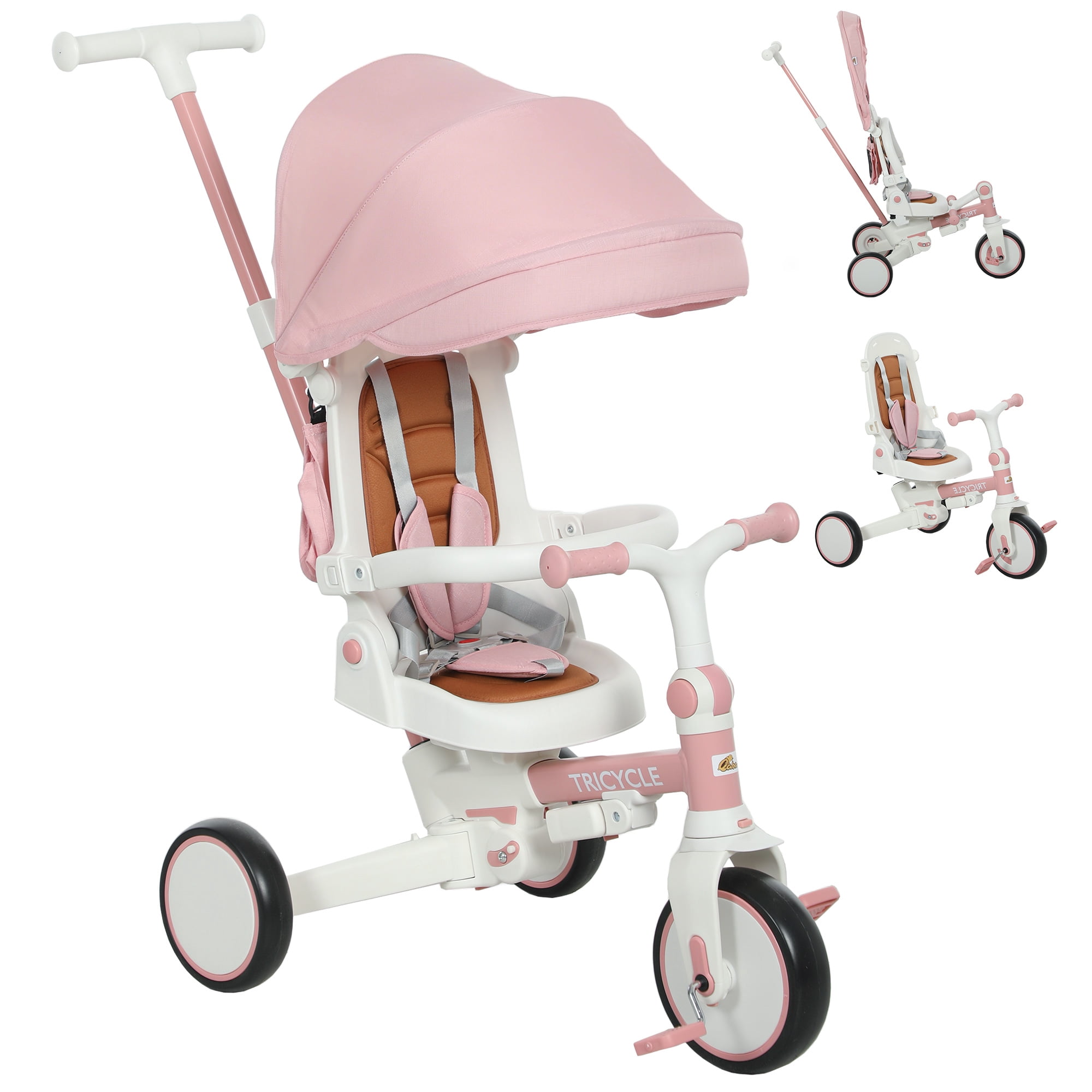 Qaba 7 in 1 Toddler Tricycle with Adjustable Parent Handlebar, Pink
