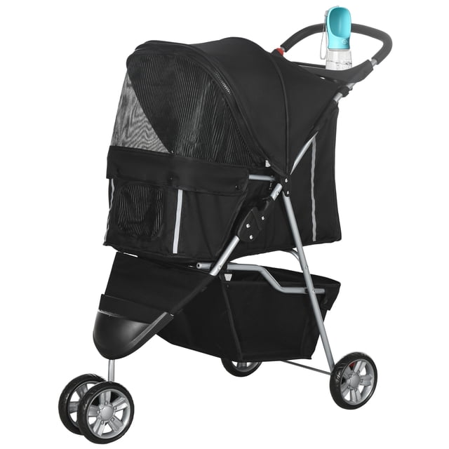 PawHut Poussette pour Animaux de Luxe à 3 Roues avec Frein, Auvent et Porte-Gobelets en Noir. la Poussette Présente un design Pliable, des Fenêtres en Maille Respirante et des Roues Verrouillables pour une Conduite Fluide. Comprend un Panier de Rangement et un Porte-Gobelet pour Plus de Commodité. Convient aux Petits Animaux de Moins de 22 Lb. Vue Latérale avec un Cadre en Acier Robuste et un Tissu Oxford 600D.