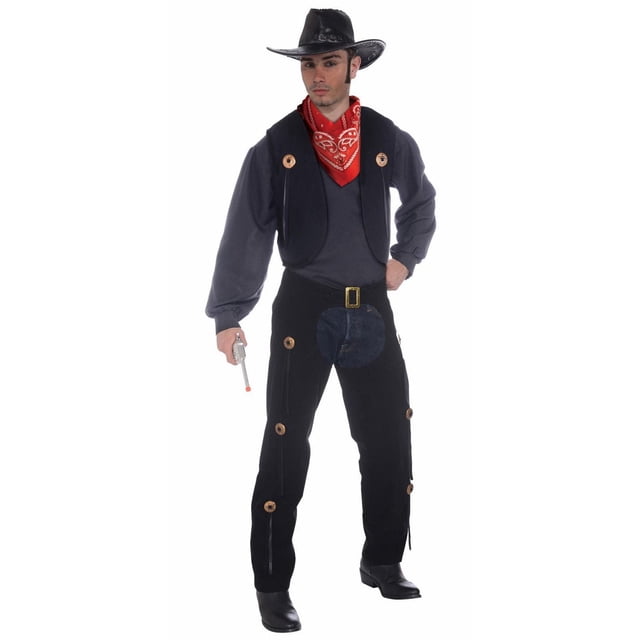 Cowboy Vest and Chaps Men's Costume Set featuring a black faux leather vest and matching chaps with brown button details over dark pants, paired with a red bandana, black cowboy hat, and black boots, holding a toy revolver, suitable for western-themed events and Halloween.