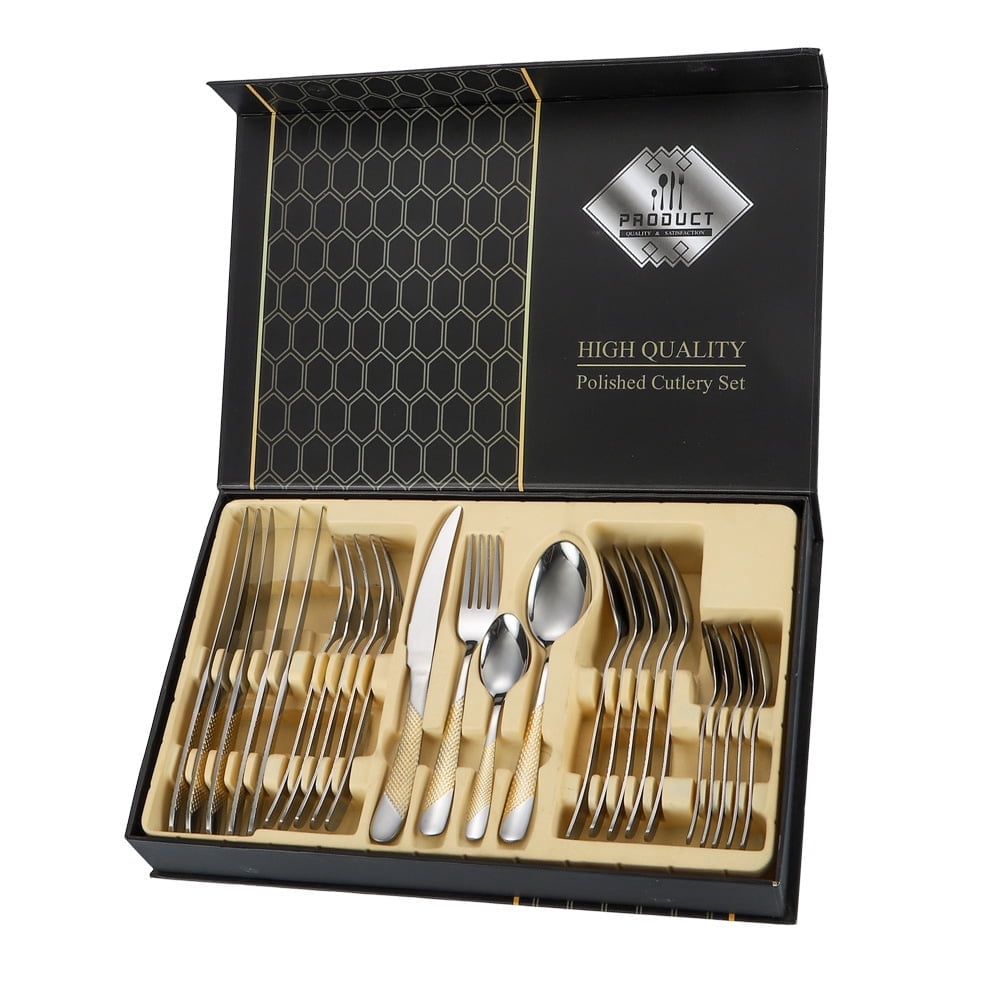 Ensemble de Couverts 24 Pcs Or Brillant avec Poignée Hexagonale Acier Inoxydable Forgé pour Usage à la Maison et à l'Hôtel Service pour 6