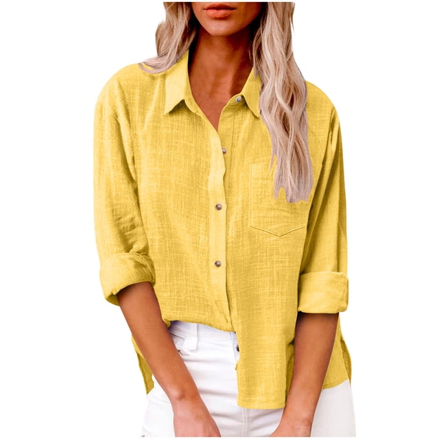 Timegard Button down Shirts for Women Cotton Linen Plus Size Lapel Neck Blouse Fall Casual Loose Tops