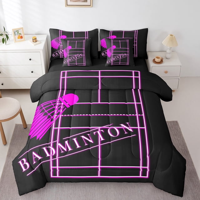 YST Teens Badminton 7-Piece Sports Bedding Set, Hot Pink Comforter Set, Full Size, 7 Count