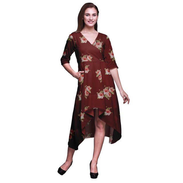 Bimba Coton Feuilles Rouges et Camélias Floral Femmes Robe Droite Asymétrique à Poches Été Fête Mi-Longue-Grand