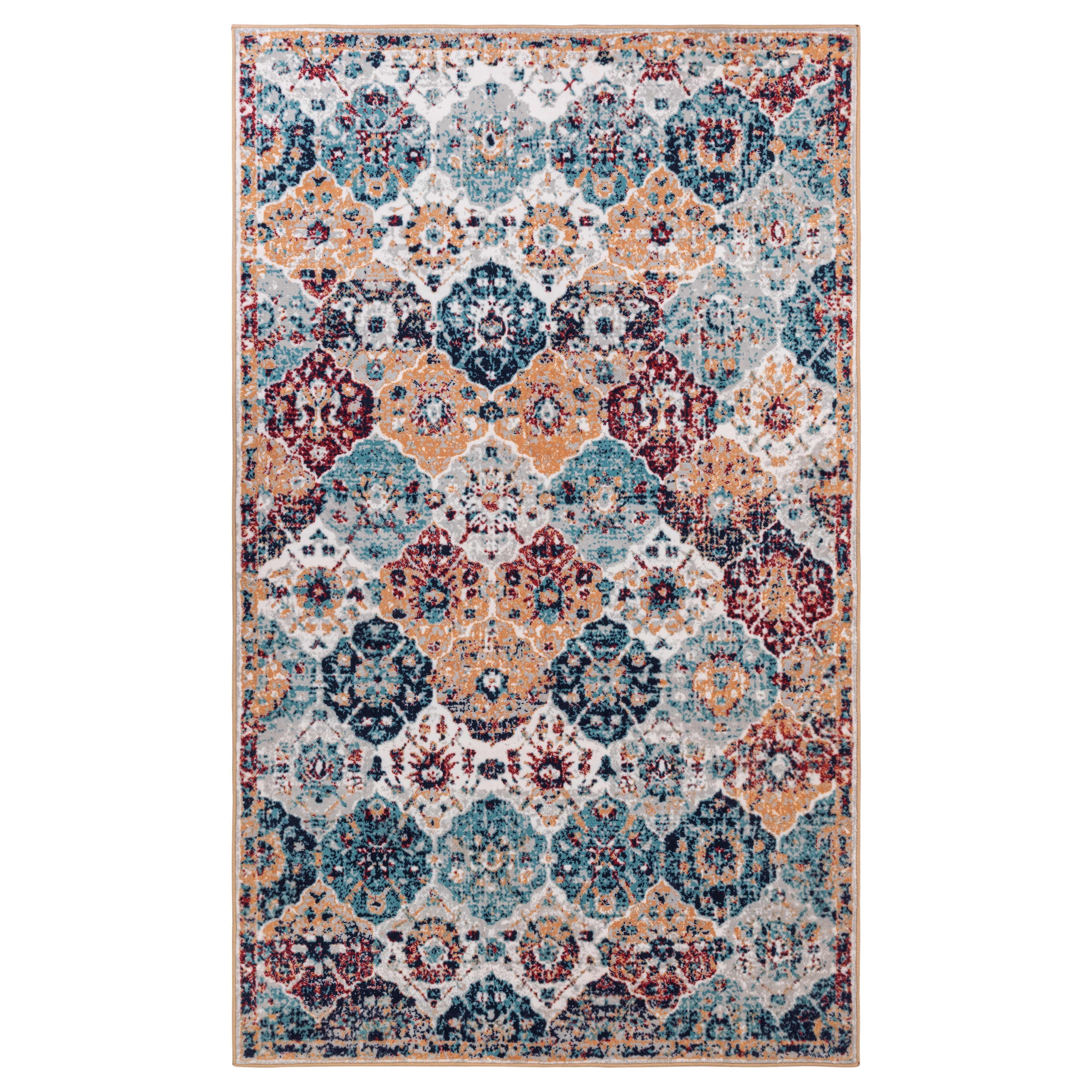 JML Area Rug 5'x7' Retro Accent Non-Slip Indoor Carpet Blue & Yellow & Red Floral Foldable Rugs for Living Room Bedroom Office Home Decor