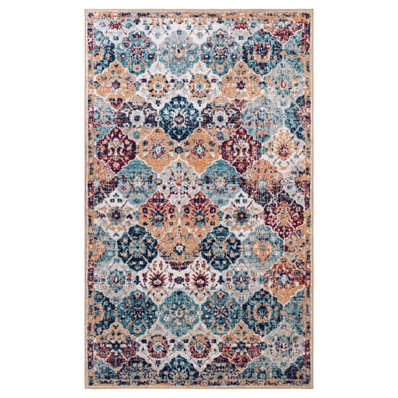 JML Area Rug 5'x7' Retro Accent Non-Slip Indoor Carpet Blue & Yellow & Red Floral Foldable Rugs for Living Room Bedroom Office Home Decor