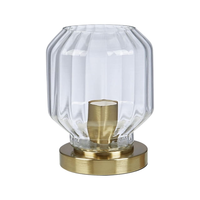 HOMETRENDS Lampe d'Appoint avec Abat-Jour en Verre Nervuré Transparent et base en Métal en Laiton Brossé, au design Contemporain avec Éclairage vers le Haut et Interrupteur en Ligne, 9 Pouces de Hauteur, Idéale pour Éclairer les tables d'Appoint, les Étagères Ou les Aires de Lecture dans les Foyers Canadiens.