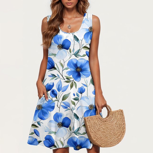 Liquidation à Moins de 10 $ Cagogo Robe d'Été Midi Débardeur pour Femmes avec Encolure Dégagée Sans Manches, Coupe Ample et Imprimé floral Bleu Vif. Cette Robe d'Été Décontractée avec Poches Est Parfaite pour l'Église, la Remise des Diplômes, les Événements des Fêtes Ou le Quotidien. Fabriquée en Tissu Léger et Respirant pour le Confort par Temps Chaud.
