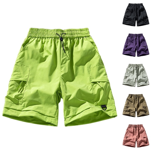 BADHUB Zipper Pocket Cargo Pants for Men Elastic Waist Drawstring Shorts Lightweight Quick Dry Solid Color Hiking Shorts Clearance Green L