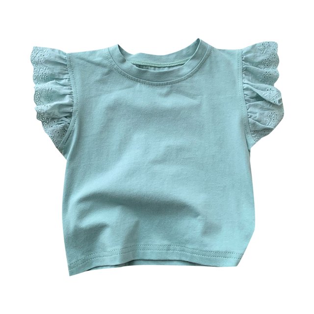 WEIYLL T-Shirts Filles Été Couleur Unie Col Rond Manches Volantes Froncées Décontracté Sortie Tops Enfant pour 3-4 Ans