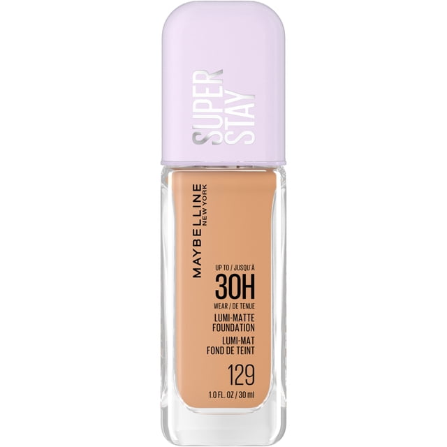 Maybelline New York Super Stay Nuance de Fond de Teint Lumi Mat 129 dans une Bouteille en Verre Rectangulaire Transparente avec un Bouchon Lavande Pâle, Offrant jusqu'à 30 Heures de Fond de Teint Liquide Léger et Longue Tenue avec une Finition Mate Lumineuse Convenant à Tous les types de Peau.