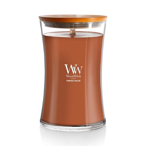 WoodWick Bougie Praline Citrouille pour les Fêtes, Cadeaux pour Femmes et Hommes, Grande Bougie Sablier de 21,5 oz avec Mèche Craquelante