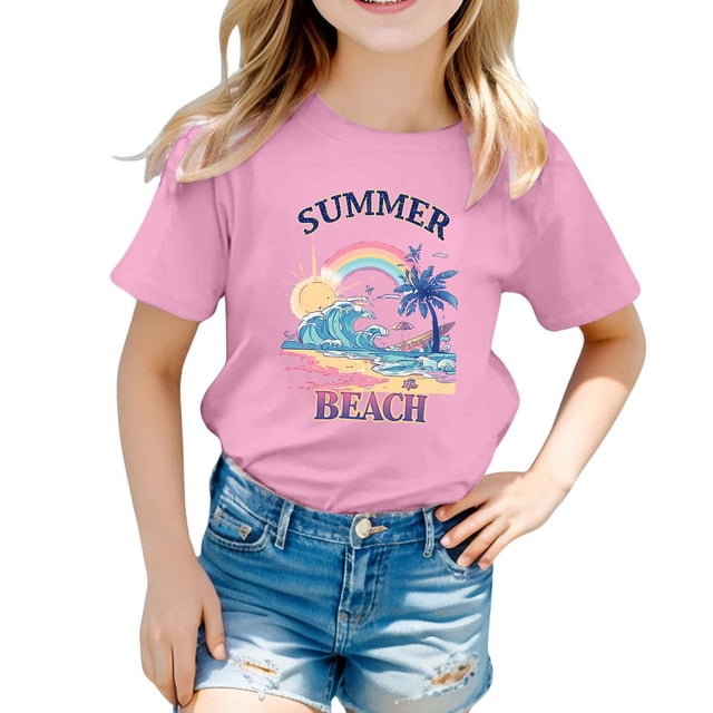 Chandails pour Filles Été Chandails à Manches Courtes pour Filles Chandails d'Été pour Ados Hauts à Col Rond pour Filles 6-7 Ans Tenue pour Fille