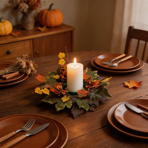 Halloween Party Supplies - Halloween Candle Wreath With Maple Leaves And Roses Candle Holders Decorative Wreath Table Decor Party Supplies Ornaments
