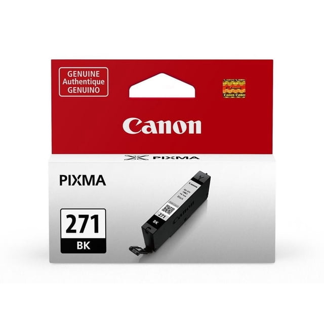 Canon 0390C001 Ink Cartridge PIXMA 271 BK black ink tank in rectangular box with red and white design, genuine Canon branding, security hologram, ideal for PIXMA printers and professional document printing.