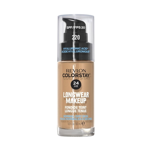 Revlon ColorStay Maquillage Longue Tenue pour Peau Normale/sèche Teinte 220, un Fond de Teint Liquide de 30 ml avec FPS 20 et Acide Hyaluronique, Offrant une Hydratation de 24 Heures et une Tenue Longue Durée, dans une Bouteille Transparente avec Pompe Noire et Capuchon.