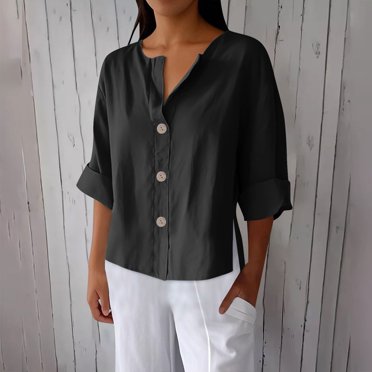 Hauts pour Femmes DYTTDG T-Shirt pour Femme Grande Taille Couleur Unie Col en V Bouton Décoratif Manches 3/4 Haut en Coton et Lin Mode d'Été Femmes 2025