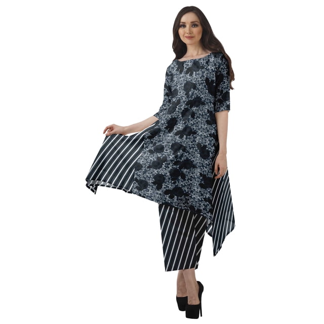 Moomaya Women's Plus Size Printed Asymmetric Kurti Pant Set, Cotton Chanderi, 1 Count