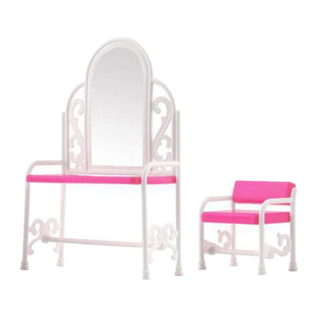 Milaget Dollhouse Vanity Table Stool Set Dollhouse Decor with Mirror Storage Cabinet for
