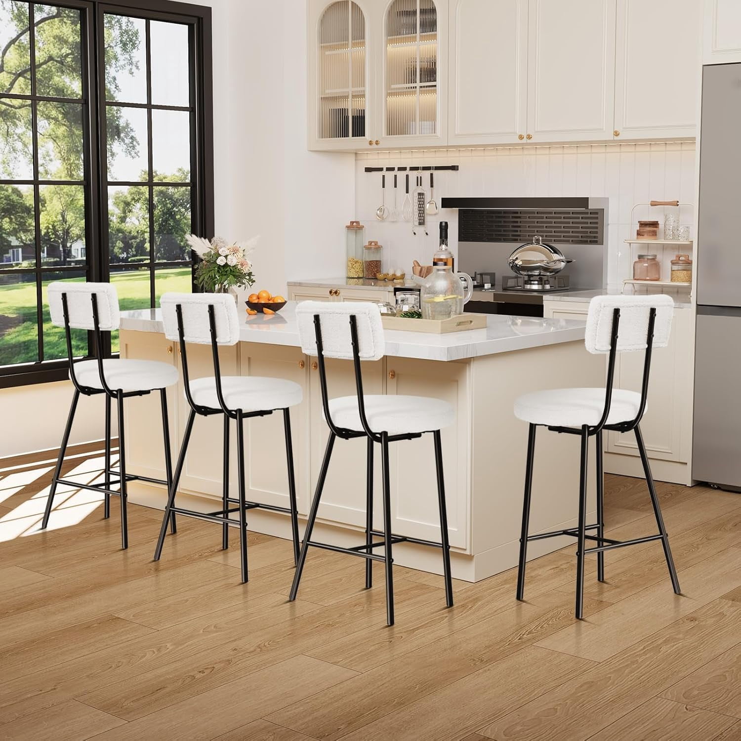 37" Bar Stools Set of 4, Modern Upholstered Kitchen Bar Stools with Back and Metal Legs for Kitchen Island Dining Room Bar, Beige